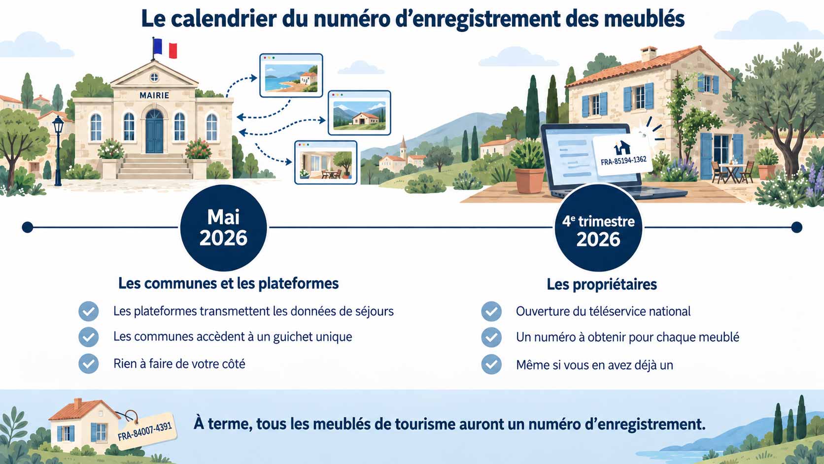 Calendrier du numéro d'enregistrement des meublés : mai 2026 pour les communes et les plateformes, quatrième trimestre 2026 pour les propriétaires