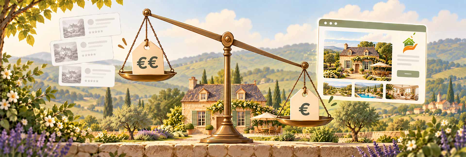 Une balance compare le prix d'un séjour sur les plateformes et sur le site du propriétaire, plus avantageux en direct