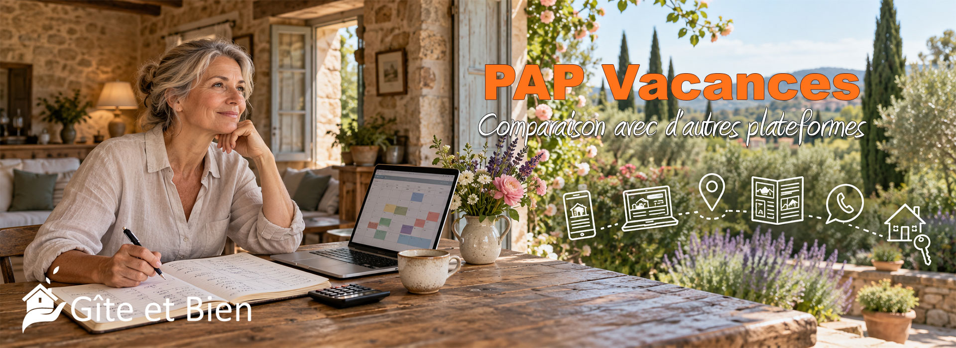 PAP Vacances : comparaison avec d'autres plateformes. Dans son gîte, une propriétaire fait ses comptes, carnet et calculatrice sur la table, tandis que des pictogrammes dessinés représentent ses canaux de réservation.