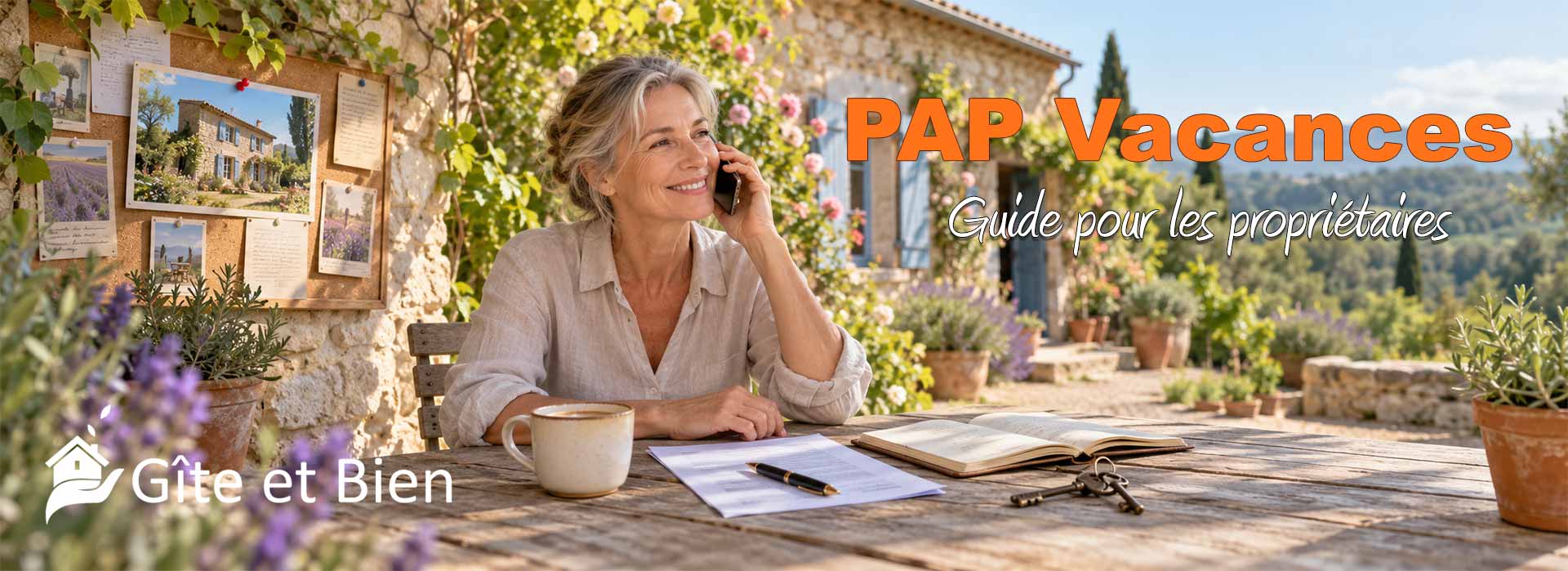 Devant son gîte en pierre, une propriétaire répond à un appel, contrat et clés sur la table, tandis que l'annonce de sa maison est épinglée au mur parmi d'autres petites annonces