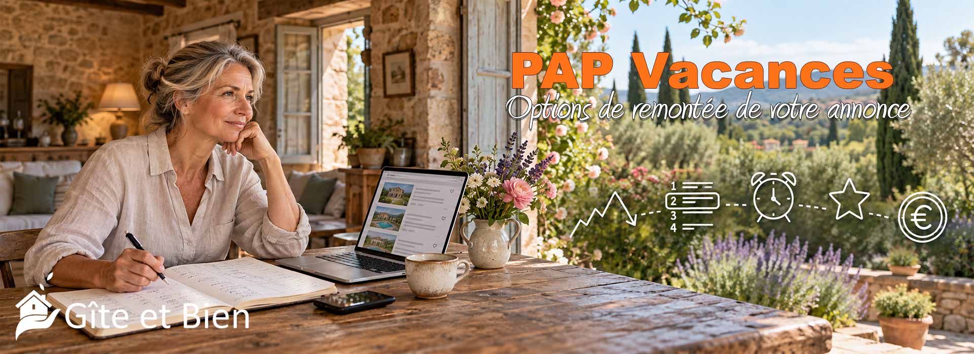 PAP Vacances : options et remontée d'annonce. Dans la cuisine de son gîte, une propriétaire regarde sur son ordinateur la liste des annonces où elle vient de remonter la sienne, tandis que des pictogrammes dessinés évoquent la course au classement : flèche qui monte puis redescend, liste numérotée, réveil, étoile et pièce en euros