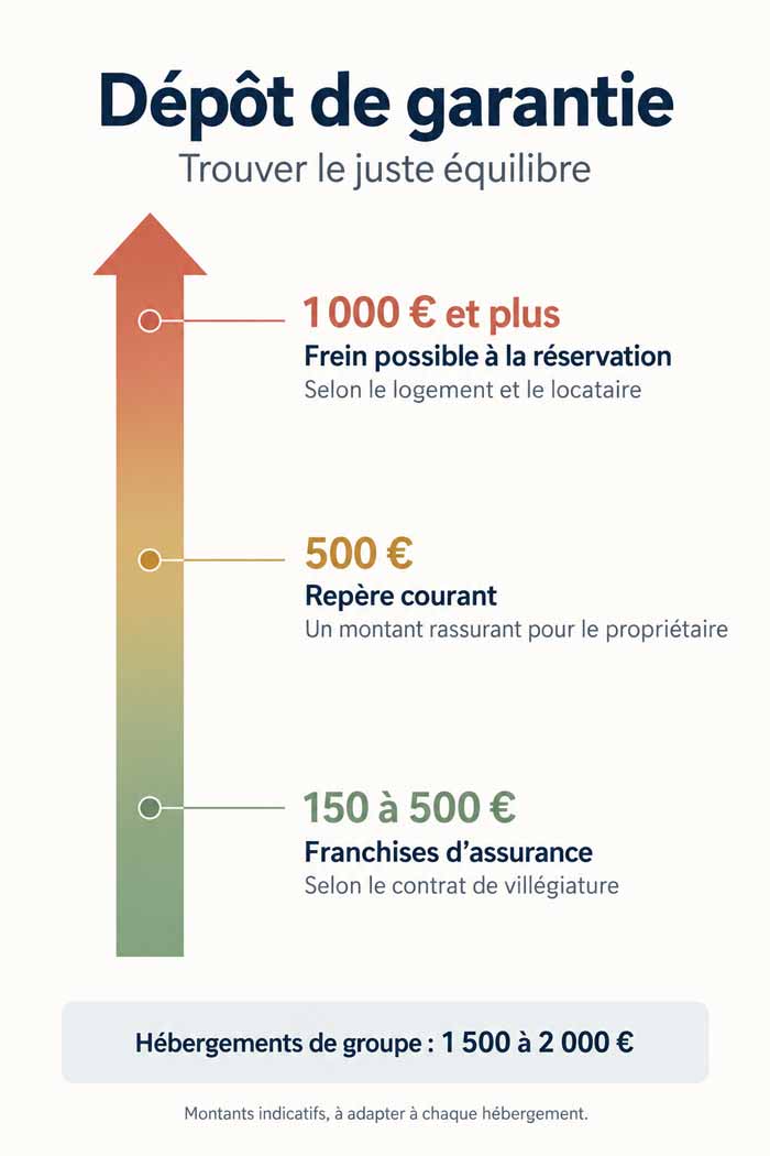 Les trois repères pour fixer le montant du dépôt de garantie d'un gîte : franchise moyenne des assurances villégiature, seuil du propriétaire et seuil du voyageur