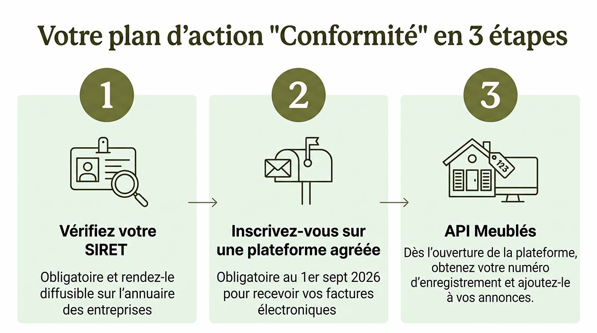 Votre plan d'actions Conformité meublés en 3 étapes pour être conforme : vérifier son SIRET, s'inscrire sur une plateforme agréée, obtenir et afficher son numéro d'enregistrement